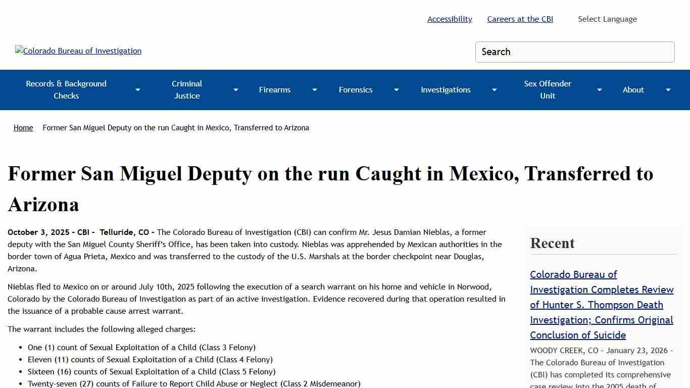 Former San Miguel Deputy on the run Caught in Mexico, Transferred to Arizona Colorado Bureau of Investigation